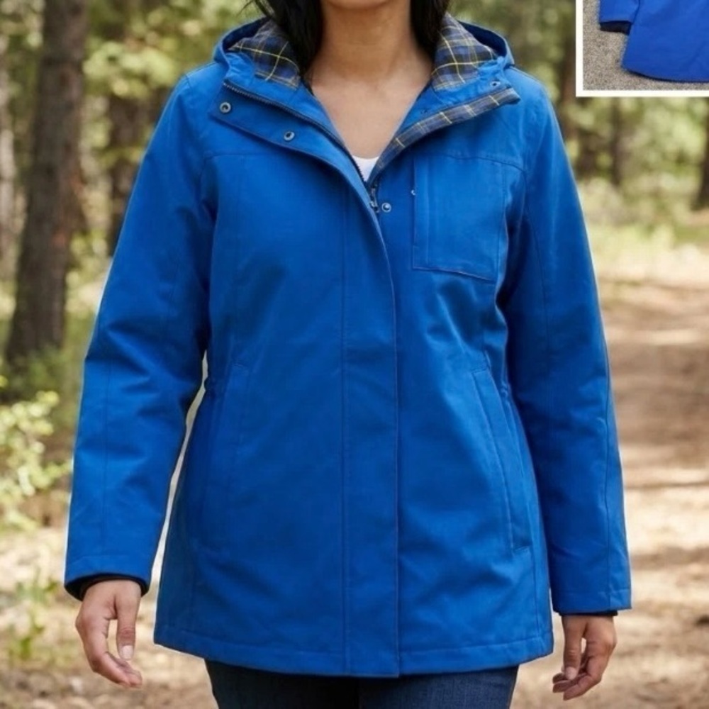 Pendleton Coat Outerwear Rain Hooded Sz L Fitted Blue Plaid Lined w/Pockets